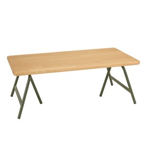 Helena - table basse plateau en bois pin pieds tréteaux en métal vert