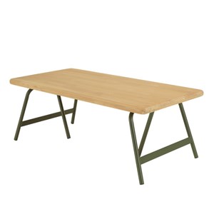 Helena - table basse plateau en bois pin pieds tréteaux en métal vert