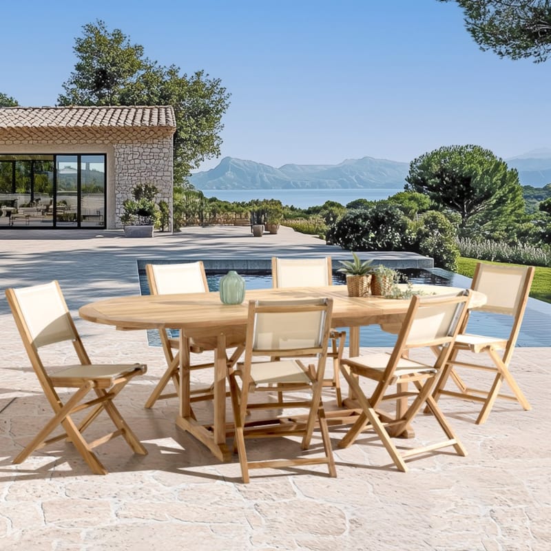 Macabane - Fun - ensemble de jardin table en bois teck et textilène 8 à 10 personnes