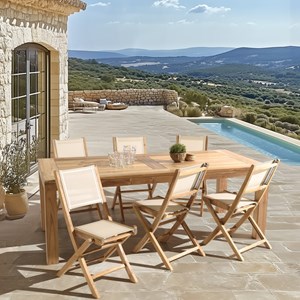 Fun - ensemble de jardin en bois teck et 6 chaises en textilène