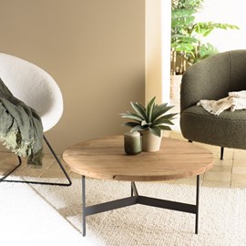 Dandy - table basse ronde 70x70cm bois pin recyclé et pieds métal noir