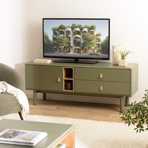 Ethan - meuble tv 1 porte, 2 tiroirs et 2 niches en bois vert