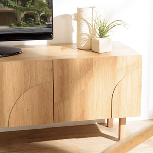 Ethan - meuble tv bois couleur naturelle 4 portes décor motif arrondi