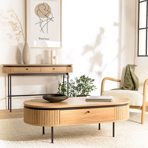 Ethan - table basse arrondie bois couleur naturelle 2 tiroirs
