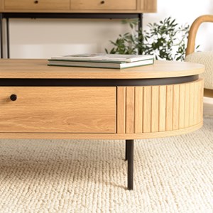 Ethan - table basse arrondie bois couleur naturelle 2 tiroirs