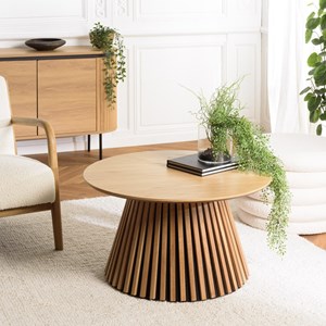 Sya - table basse ronde d80 décor et chêne naturel pied à motif strié
