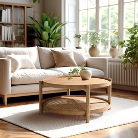 Amy - table basse en bois de mindi 80.5m avec tablette en rotin naturel amy