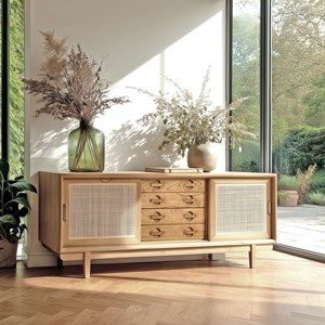 Amy - meuble tv en bois de mindi et rotin naturel amy