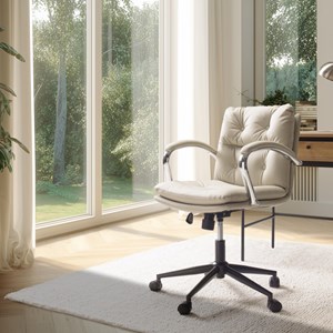 Mina - chaise de bureau à roulettes cuir matelassé beige dossier carré