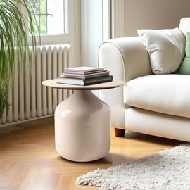 Hortense - table d'appoint plateau carreaux vitrifiés pied en fer beige