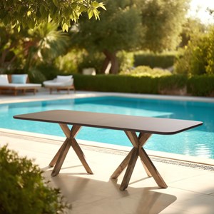 Nestor - table à manger 240x100cm effet béton marron pieds en bois d'acacia