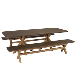 Nestor - ensemble table et bancs effet béton marron pieds en bois d'acacia