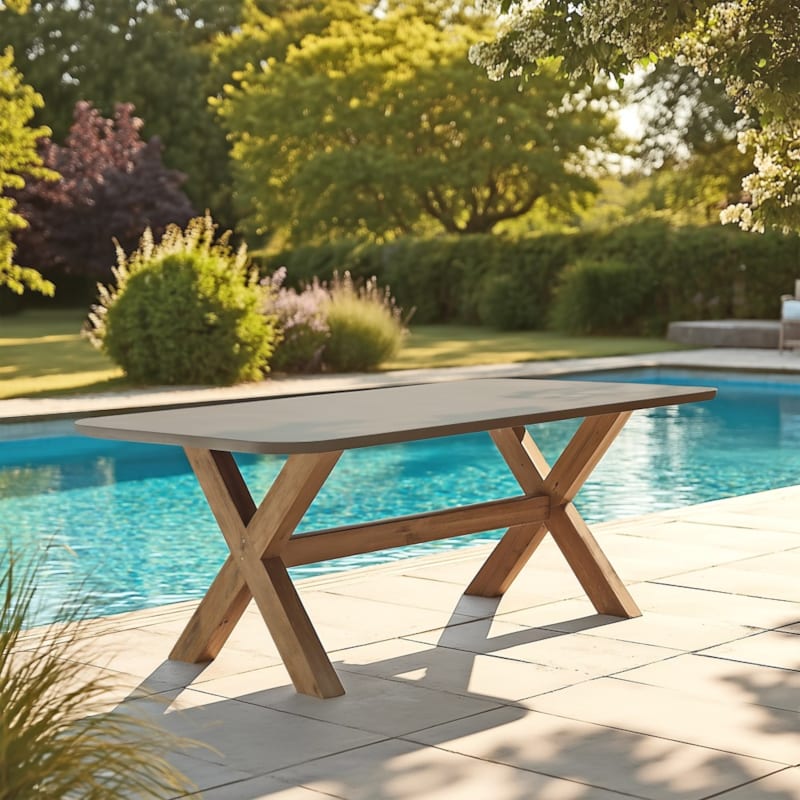 Nestor - table à manger 200x100cm effet béton marron pied en bois d'acacia