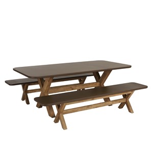 Nestor - ensemble table et bancs effet béton marron pieds en bois d'acacia