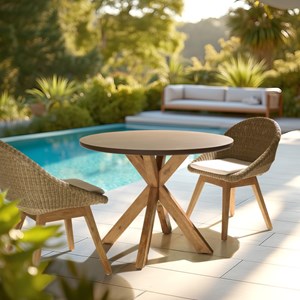 Nestor - table à manger ronde effet béton marron pied en bois d'acacia d100cm