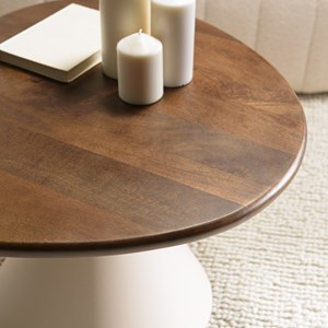 James - table basse ovoïde plateau en manguier pied en métal ivoire james