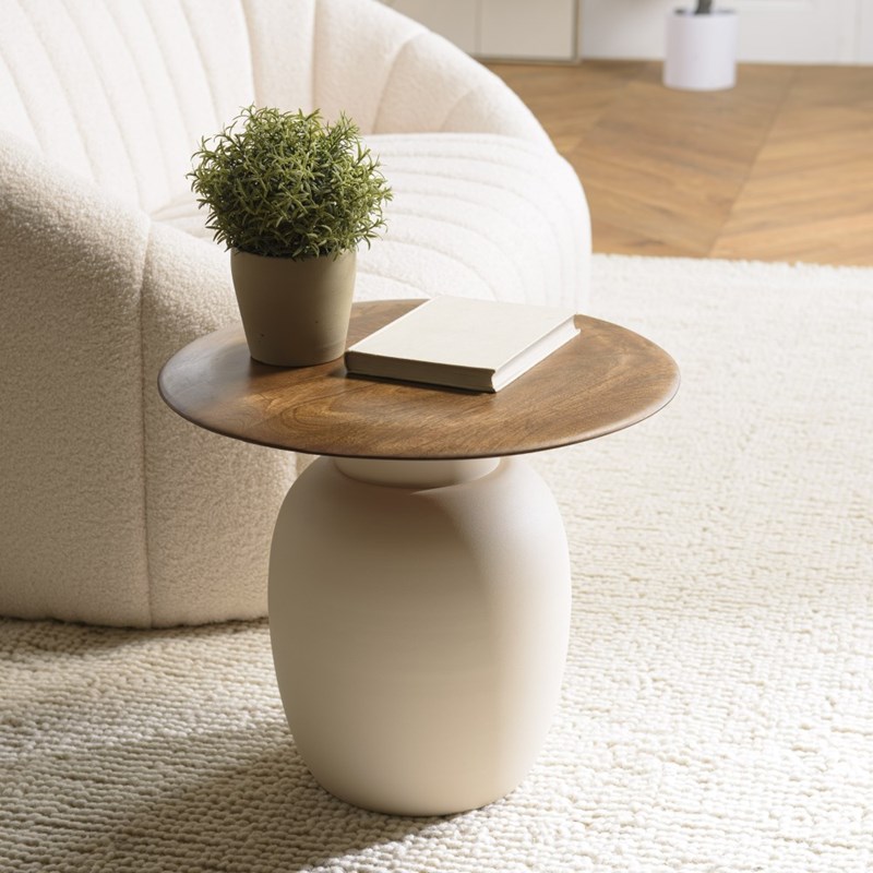 Macabane - James - table d'appoint 48x48cm plateau en manguier pied métal ivoire james