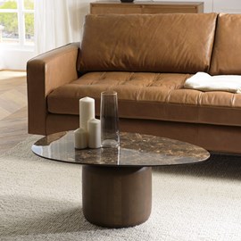 James - table basse ovoïde plateau céramique marron pied en manguier