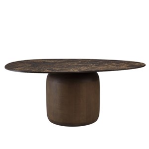 James - table basse ovoïde plateau céramique marron pied en manguier