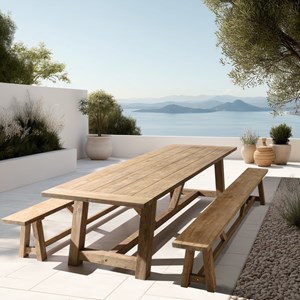 Kally - salon de jardin 1 table et 2 bancs en teck recyclé