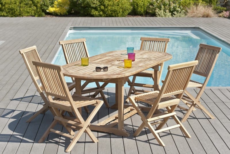 Macabane - Fun - ensemble de jardin 6 à 8 pers. Bois teck table 150 à 200cm et 6 chaises