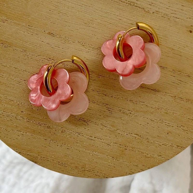 Les Jolis Bonheurs - Boucles acier inoxydable créole 18mm mina double fleur colori rose et rose irisé