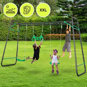 Aire de jeux jardin xxl hypermotion - portique acier 2 sièges, échelle & trapèze
