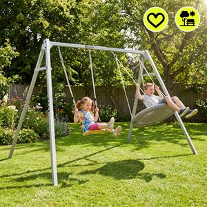 Portique jardin 4-en-1 hypermotion - nid-de-pie, balançoire bois & hamac oxford