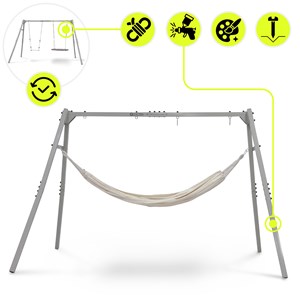 Portique jardin 4-en-1 hypermotion - nid-de-pie, balançoire bois & hamac oxford