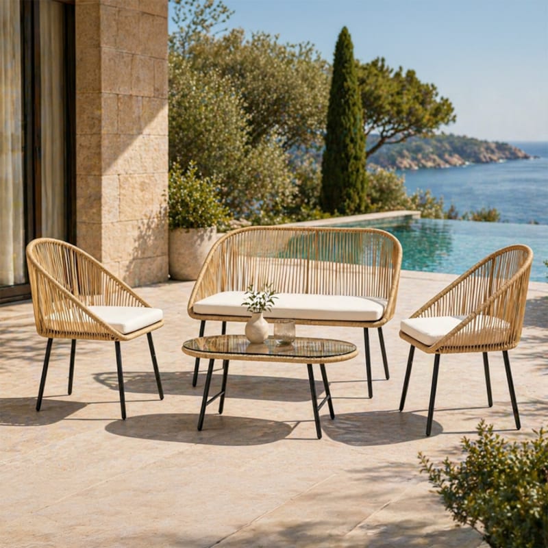 Ravello salon de jardin 4 places avec table basse effet rotin naturel