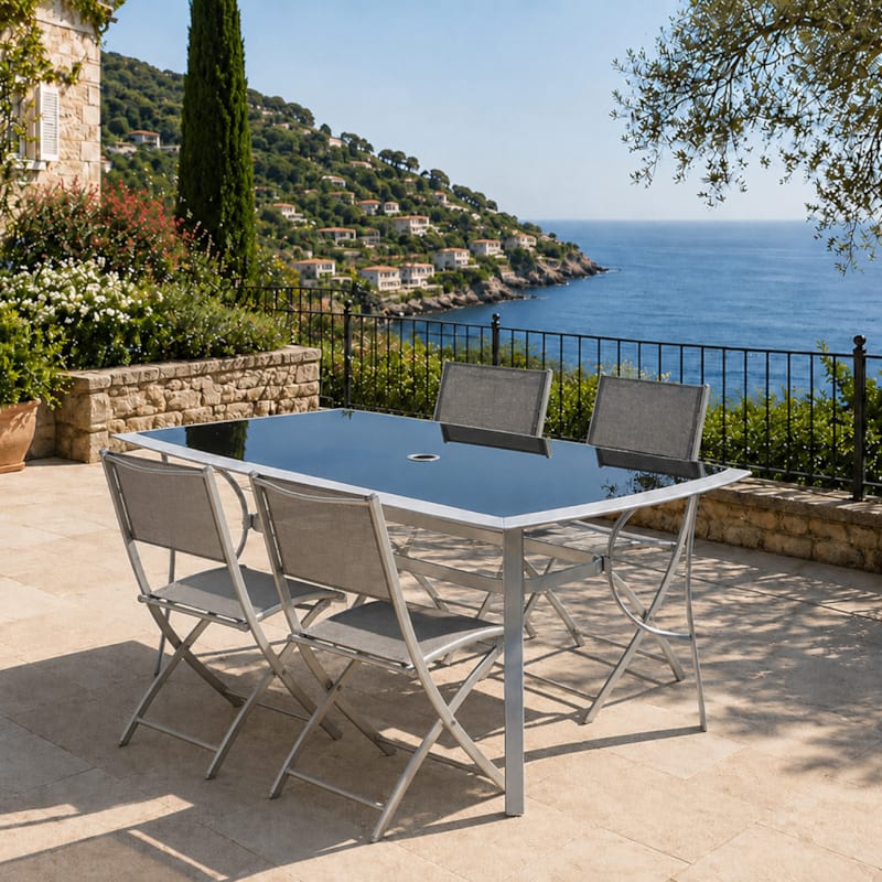 Alassio ensemble de jardin table 150 cm + lot de 4 chaises pliantes