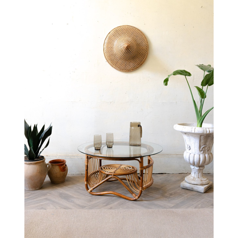Table basse en rotin et en verre n°983