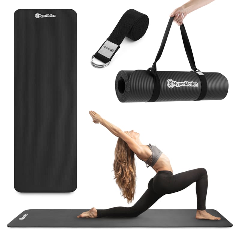 Tapis de yoga et fitness hypermotion nbr 183x61x0,8 cm noir avec sangle