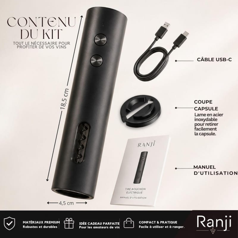 Ranji -tire bouchon électrique rechargeable usb-c avec coupe capsule (Ranji) - Image 1
