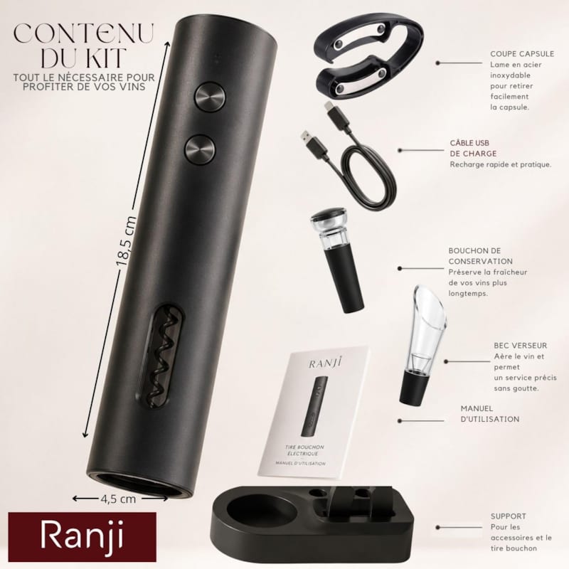 Ranji- kit tire bouchon électrique rechargeable usb c et accessoires pour vin (Ranji) - Image 2