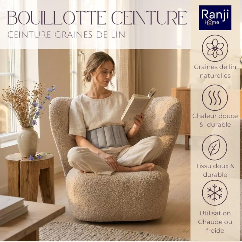 Ranji bouillotte ceinture micro-ondes graines de lin ajustable 102 x 17 cm gris (Ranji) - Image 1