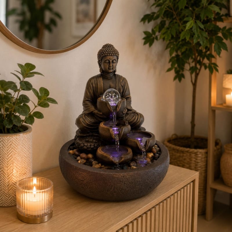 Fontaine d'intérieur bouddha zen shanti, cascade 3 niveaux et boule de verre led