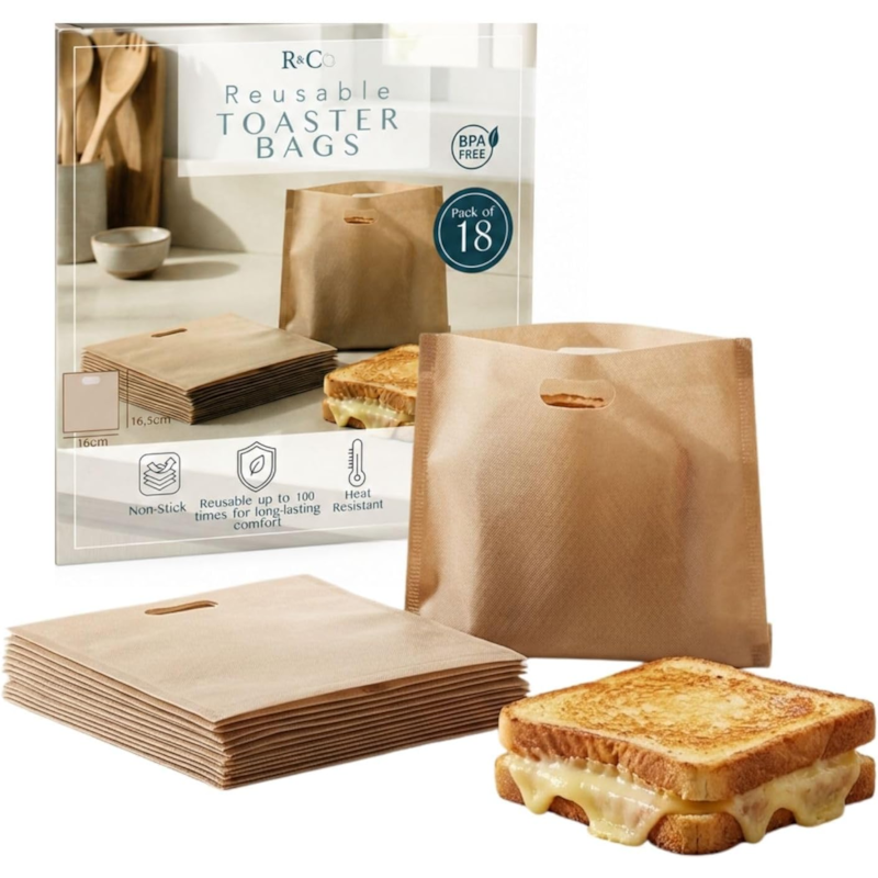 R&co® lot de 18 toaster bags réutilisables pour grille-pain, four et air fryer (Ranji) - Couverture