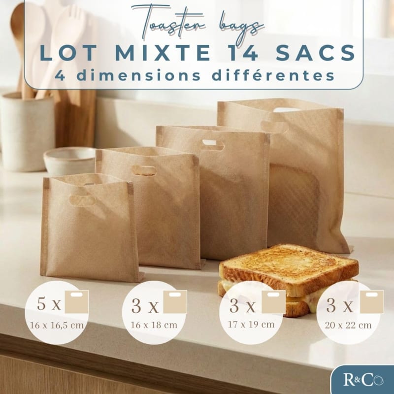 R&co® 14 toaster bags réutilisables 4 tailles, grille-pain, air fryer, four (Ranji) - Image 3