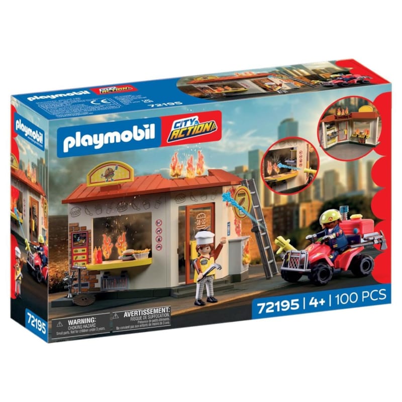 Restaurant en feu et pompier avec son quad