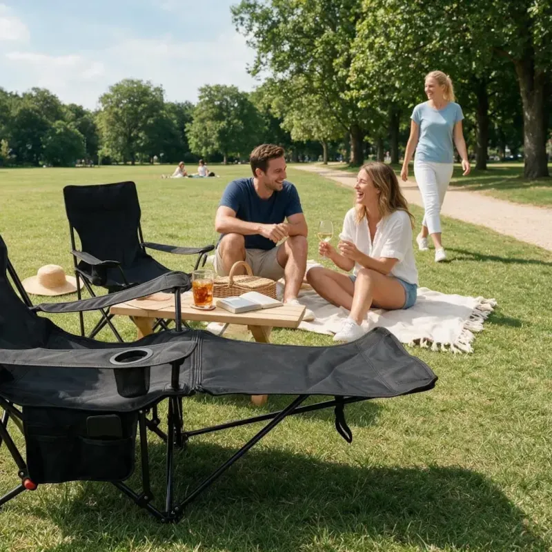 Fauteuil de camping inclinable 3 positions, repose-pied détachable noir