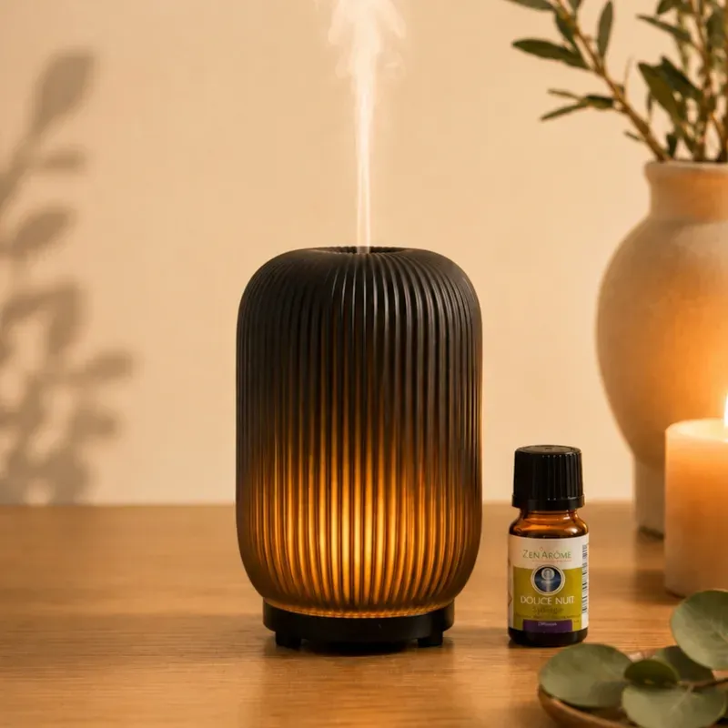 Diffuseur d'huiles essentielles ultrasonique eluné en verre, led blanc chaud