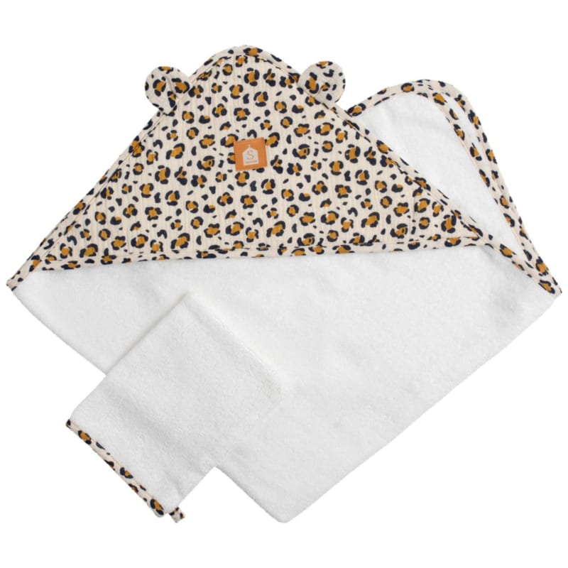 Cape de bain + gant de toilette léopard