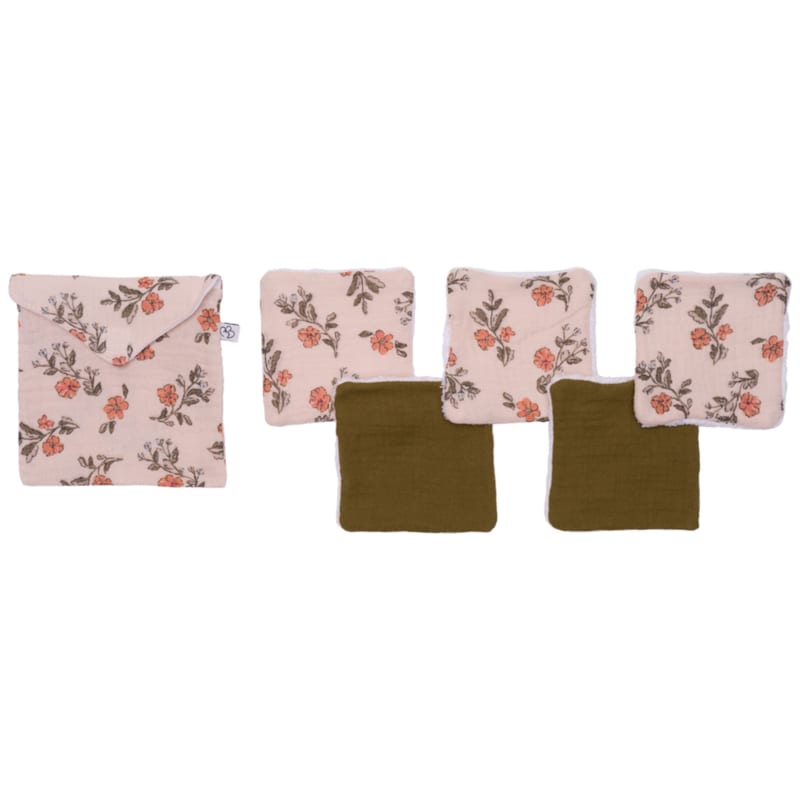 Lot de 5 lingettes avec pochette fleurs et fougère (10x10 cm)