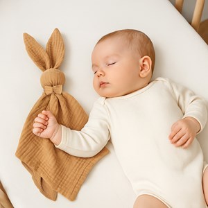 Doudou lapin  gaze jeanne camel 50 x 50