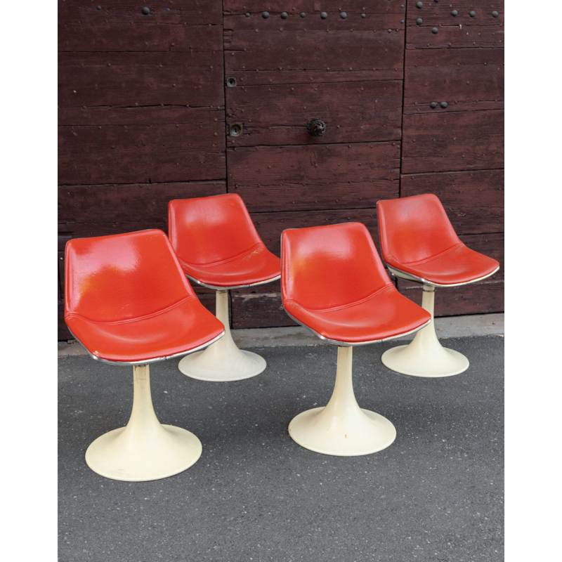 Lot de 4 chaises à piètement tulipe en skaï rouge style space age n°1944