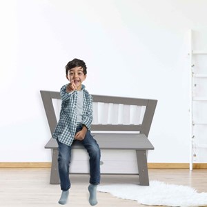 Banc de rangement en bois gris et blanc
