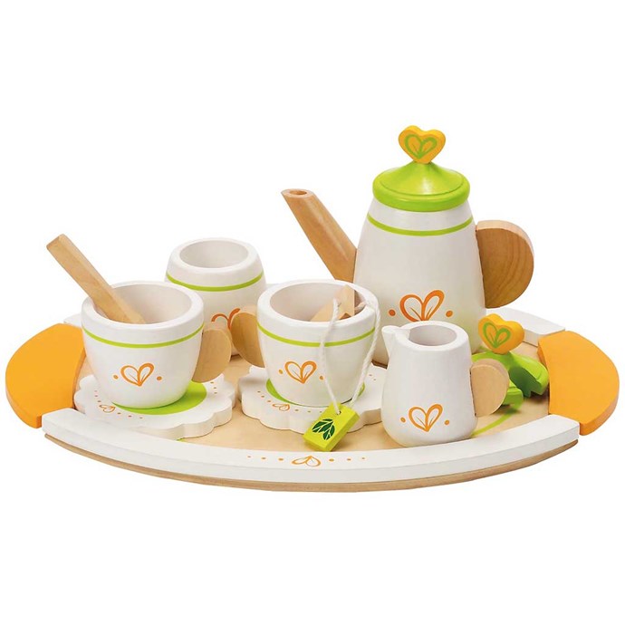 Service à thé en bois - 17 pcs | Set de jeux pour enfants avec gâteau et  support, théière, nourriture et accessoires | Jeux de rôle et d'imagination  