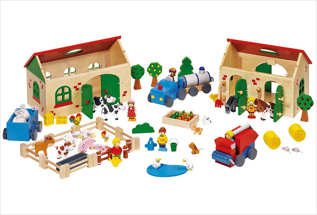 Animaux de la ferme en bois, 14 pièces - Figurine pour enfant
