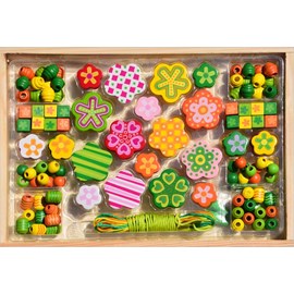Perles en bois fleurs oranges-vertes